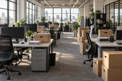 Office desks, chairs and archive boxes ready for commercial waste removal services.