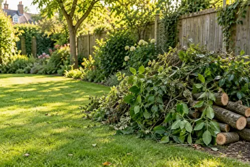 Cut branches and hedge trimmings ready for garden waste removal services.