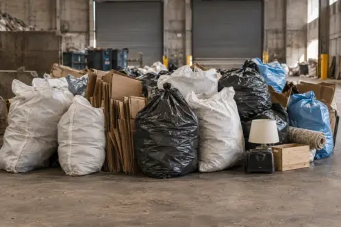 Bagged general waste and cardboard boxes ready for waste removal services.
