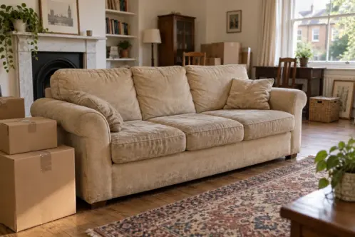 Sofa and cardboard boxes in a living room awaiting household waste removal services.