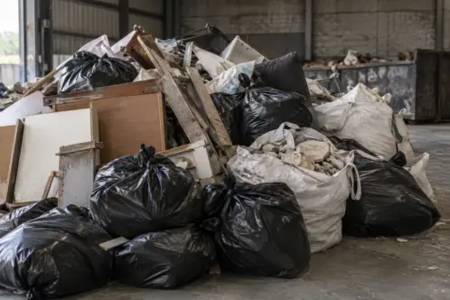 Mixed rubbish bags, cardboard and unwanted furniture ready for waste removal.