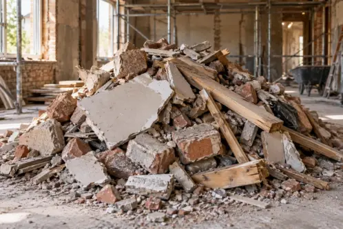 Builders' rubble, bricks and timber ready for waste removal and site clearance.